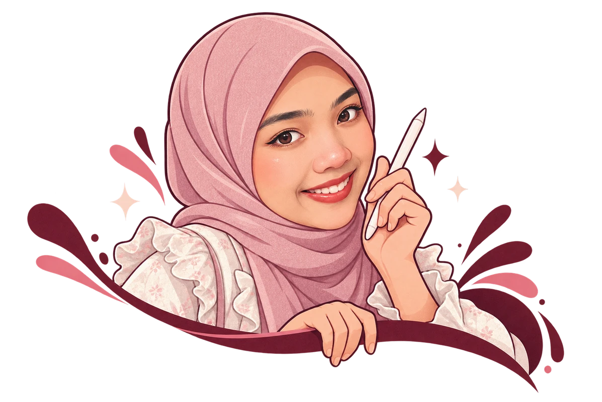 Illustrated portrait of Ain Nadhirah in a pink hijab holding a digital stylus